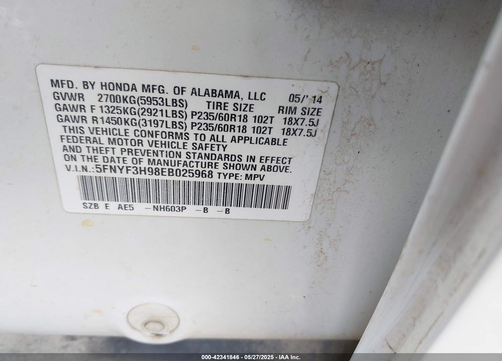 2014 HONDA PILOT VIN: 5FNYF3H98EB025968