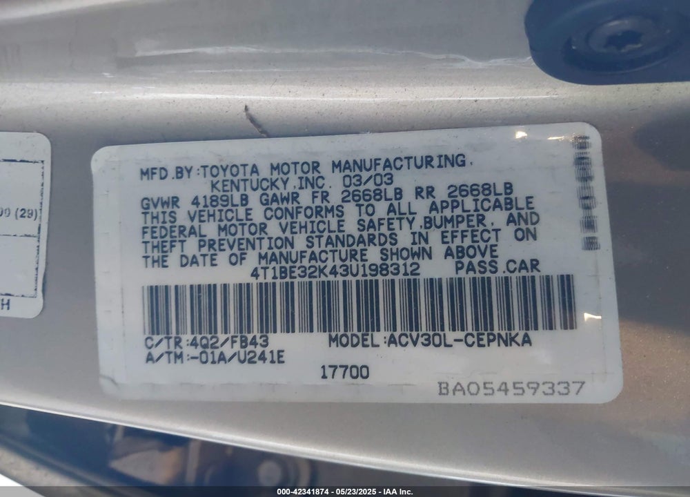 2003 TOYOTA CAMRY LE/SE/XLE VIN: 4T1BE32K43U198312
