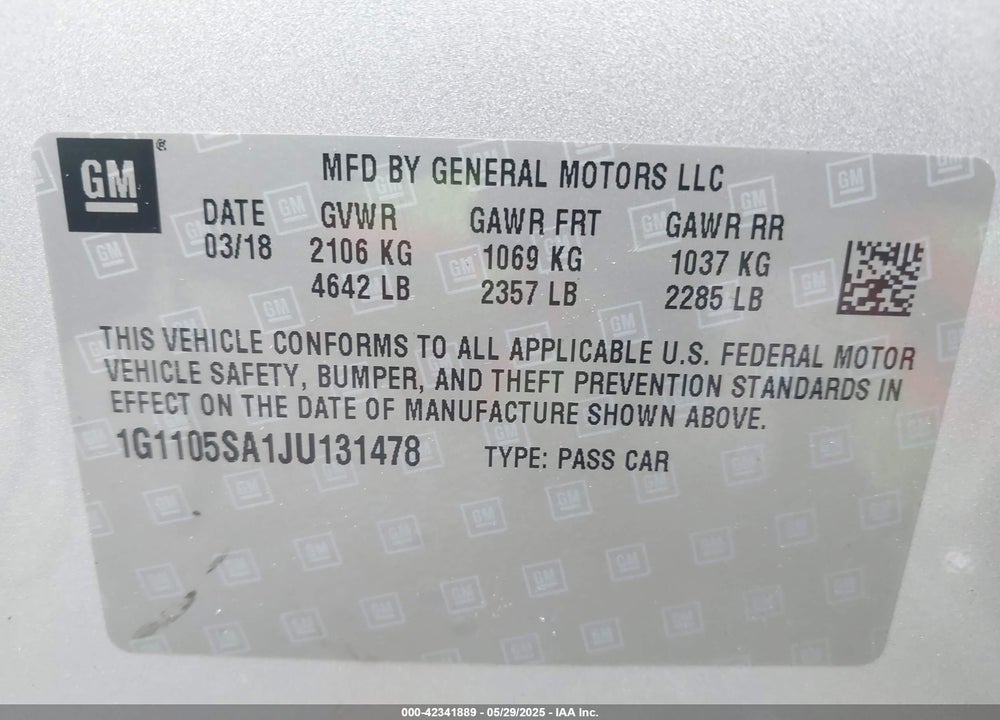 2018 CHEVROLET IMPALA VIN: 1G1105SA1JU131478