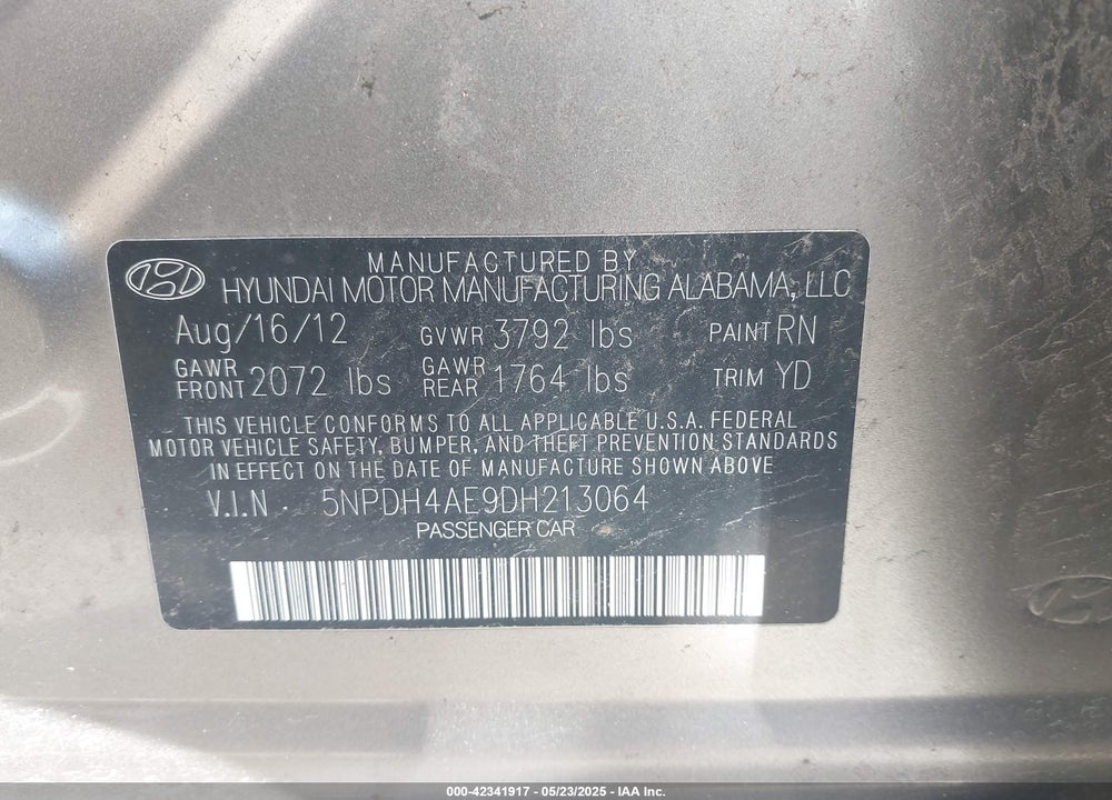 2013 HYUNDAI ELANTRA VIN: 5NPDH4AE9DH213064