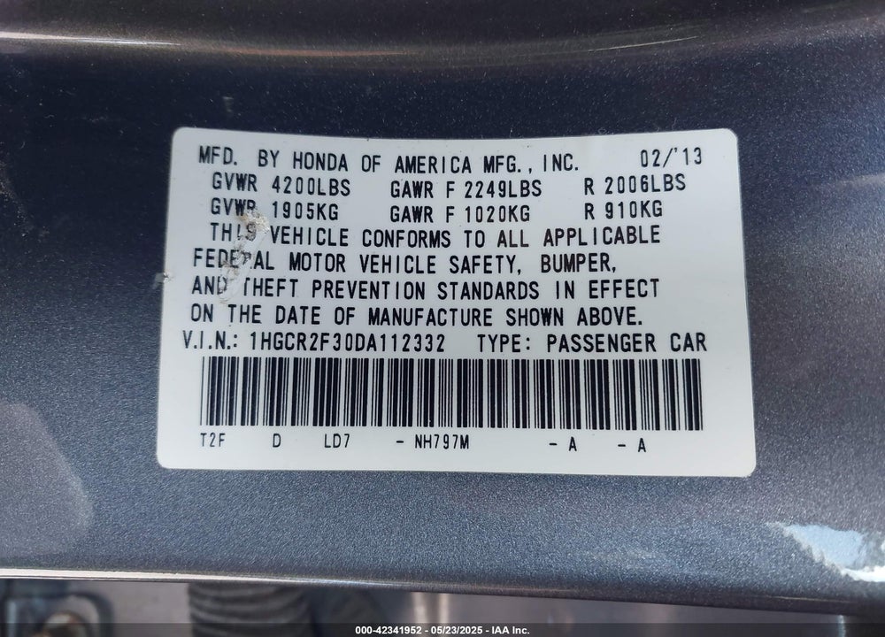 2013 HONDA ACCORD VIN: 1HGCR2F30DA112332