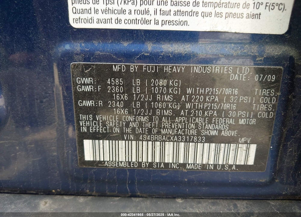 2010 SUBARU OUTBACK VIN: 4S4BRBACXA3317833