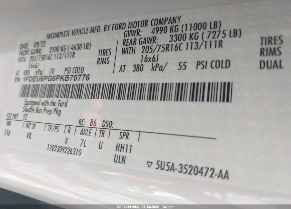 2023 FORD TRANSIT-350 CUTAWAY VIN: 1FDEU6PG6PKB70776