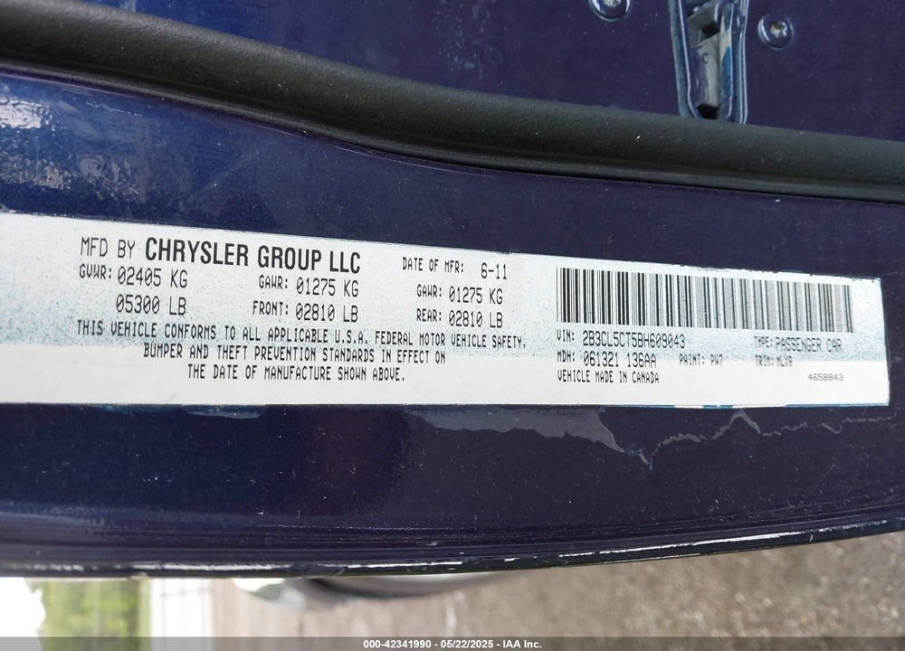 2011 DODGE CHARGER VIN: 2B3CL5CT5BH609043
