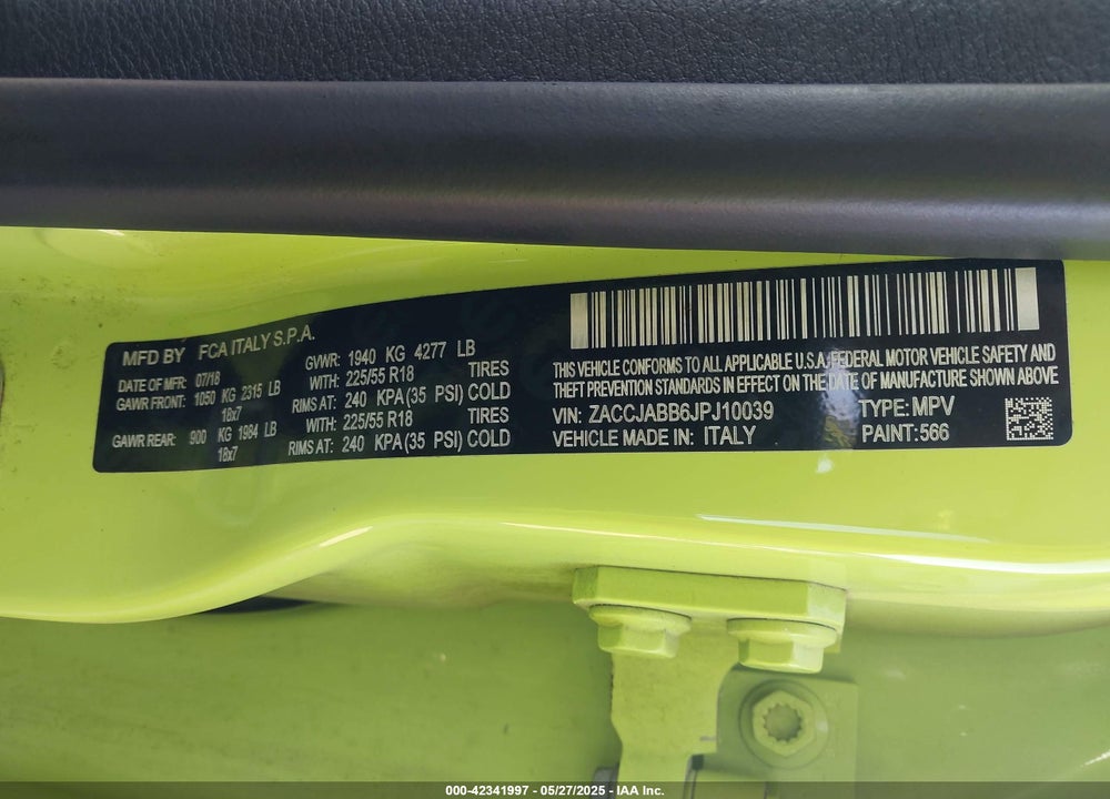 2018 JEEP RENEGADE LATITUDE FWD VIN: ZACCJABB6JPJ10039
