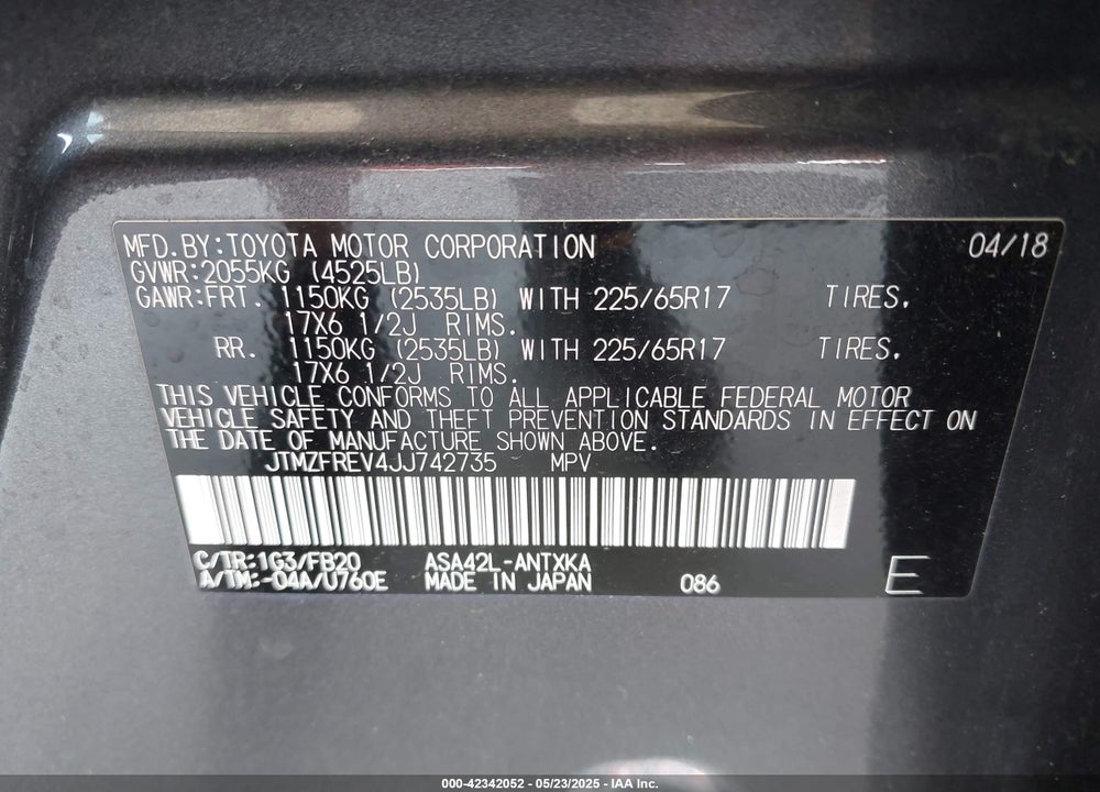 2018 TOYOTA RAV4 LE VIN: JTMZFREV4JJ742735