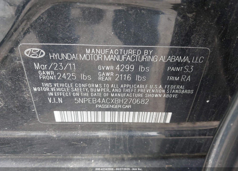 2011 HYUNDAI SONATA GLS VIN: 5NPEB4ACXBH270682