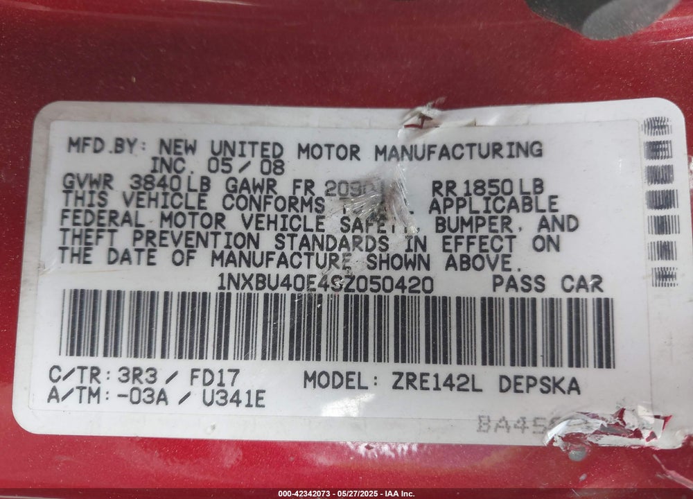 2009 TOYOTA COROLLA LE/S/XLE VIN: 1NXBU40E49Z050420