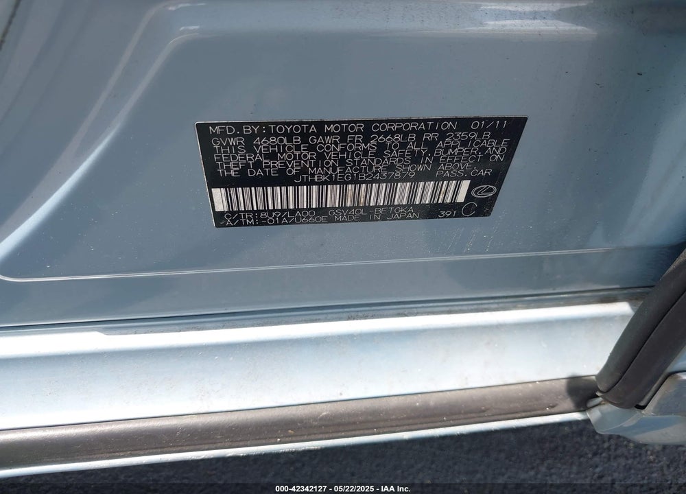 2011 LEXUS ES 350 VIN: JTHBK1EG1B2437879