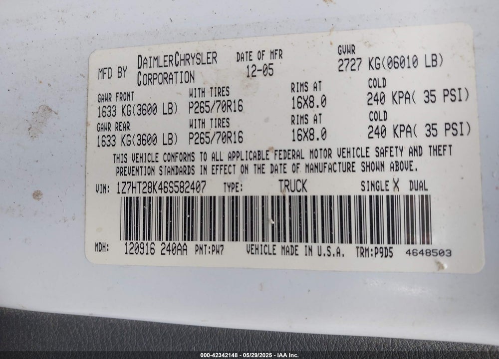 2006 MITSUBISHI RAIDER LS VIN: 1Z7HT28K46S582407