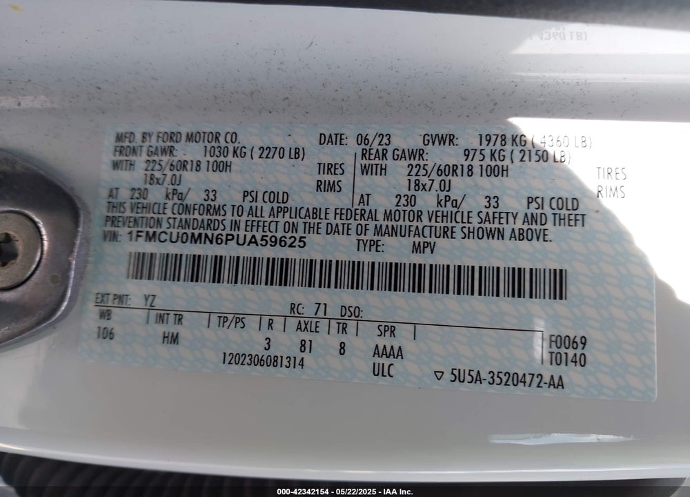 2023 FORD ESCAPE VIN: 1FMCU0MN6PUA59625
