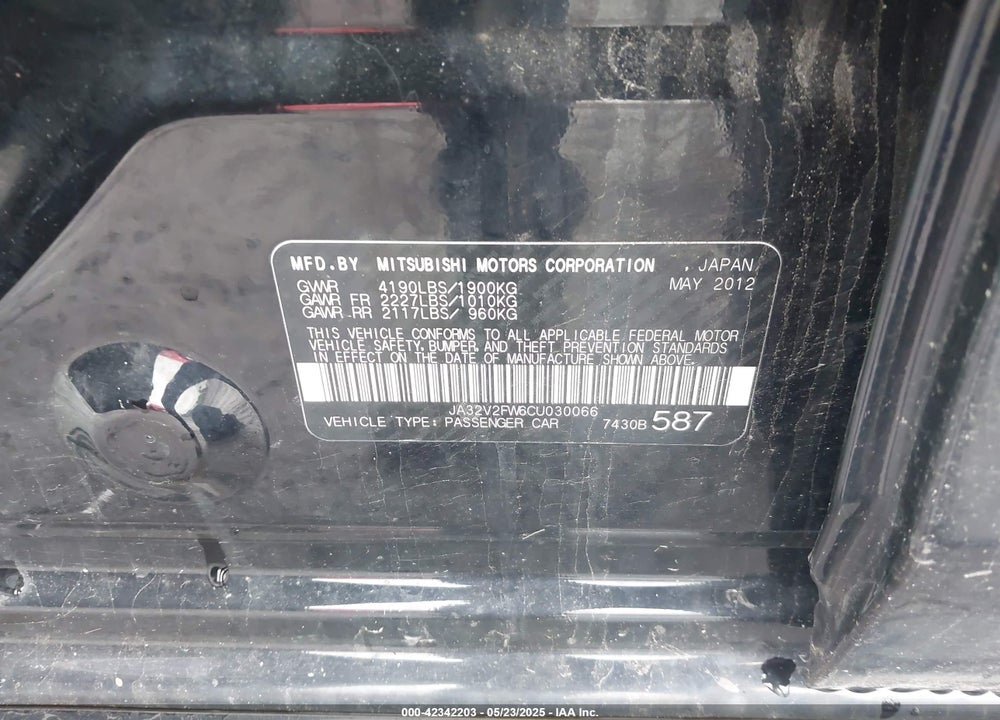 2012 MITSUBISHI LANCER VIN: JA32V2FW6CU030066