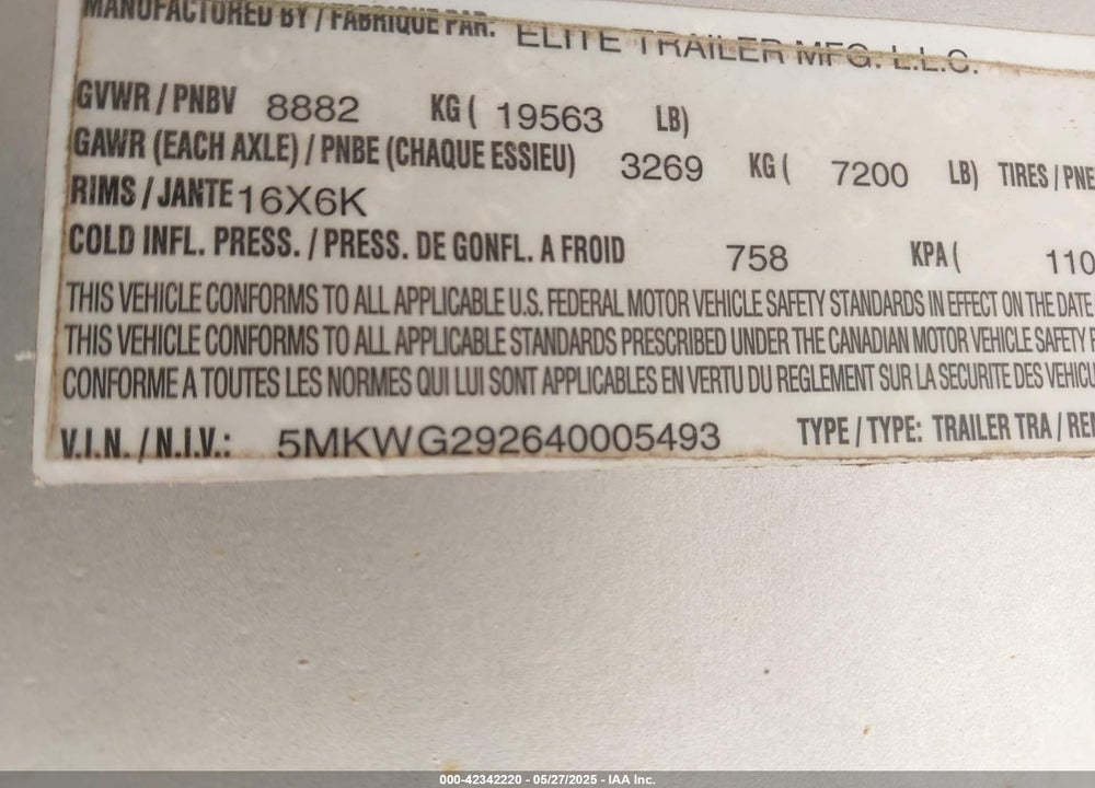 2004 ELITE 4H12 VIN: 5MKWG292640005493