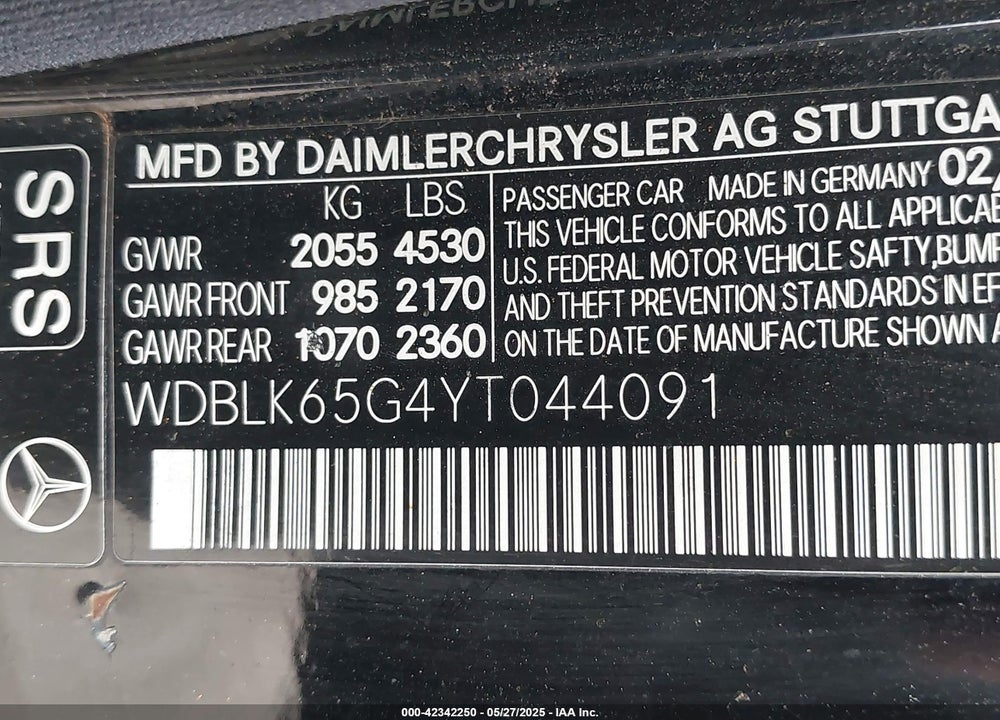 2000 MERCEDES-BENZ CLK 320 VIN: WDBLK65G4YT044091