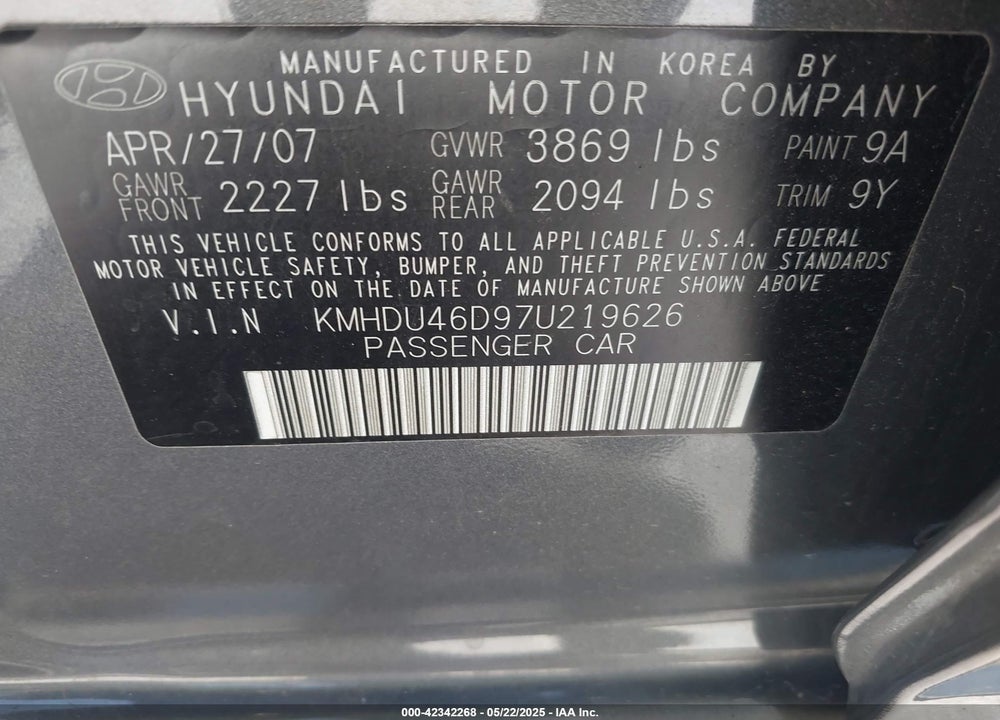 2007 HYUNDAI ELANTRA VIN: KMHDU46D97U219626