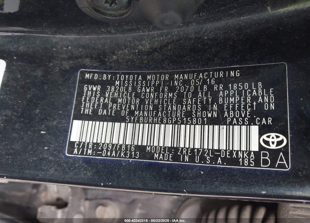 2016 TOYOTA COROLLA VIN: 5YFBURHE8GP515801