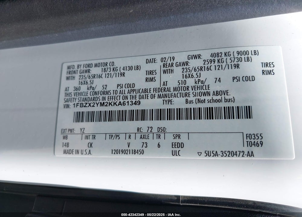 2019 FORD TRANSIT-350 XLT VIN: 1FBZX2YM2KKA61349