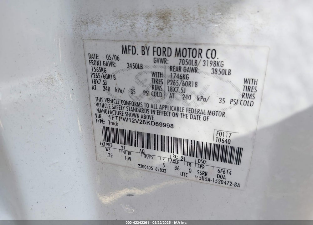 2006 FORD F-150 LARIAT/XLT VIN: 1FTPW12V26KD69998