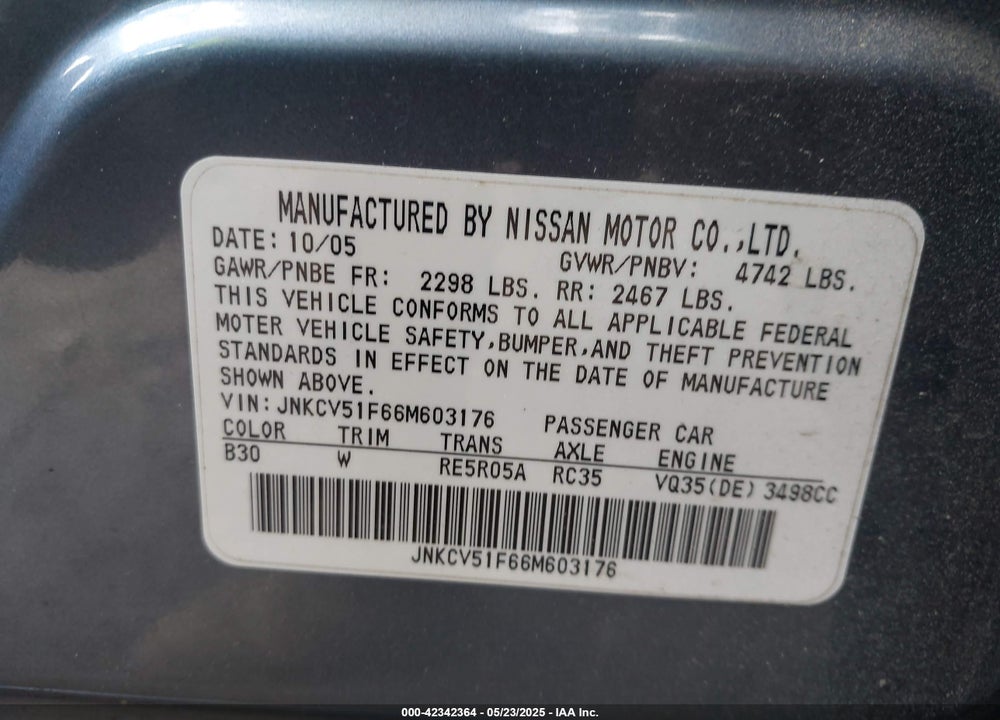 2006 INFINITI G35X VIN: JNKCV51F66M603176