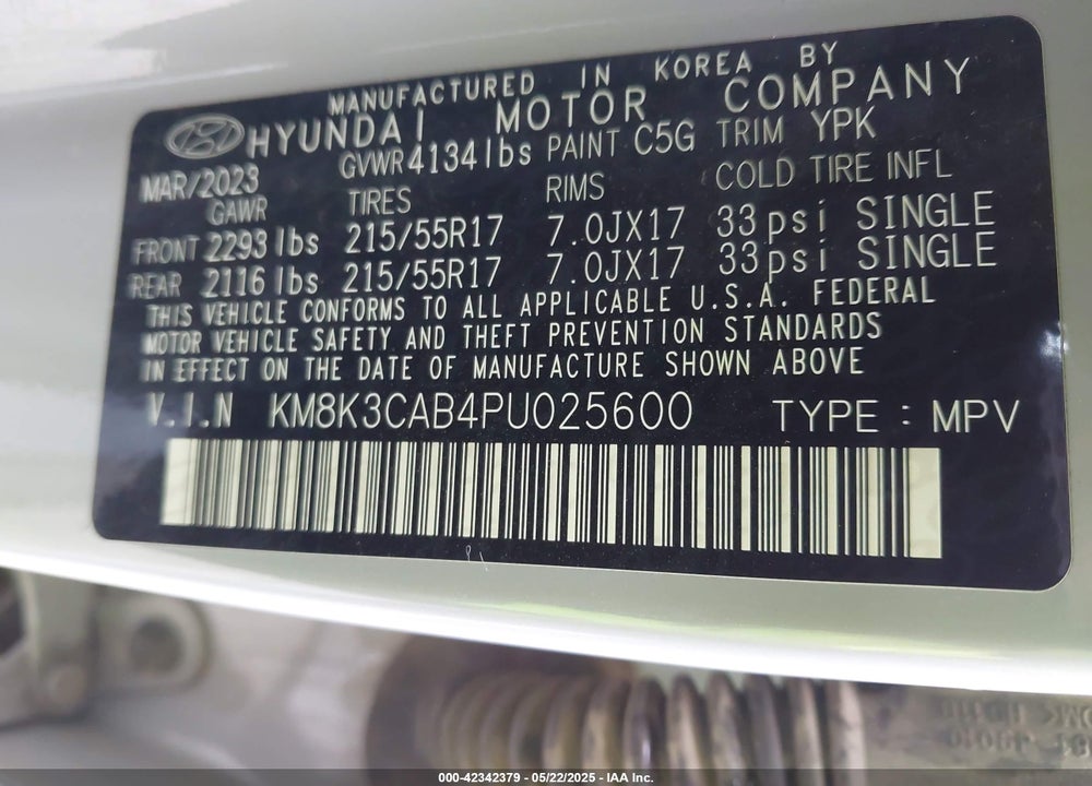 2023 HYUNDAI KONA SEL VIN: KM8K3CAB4PU025600
