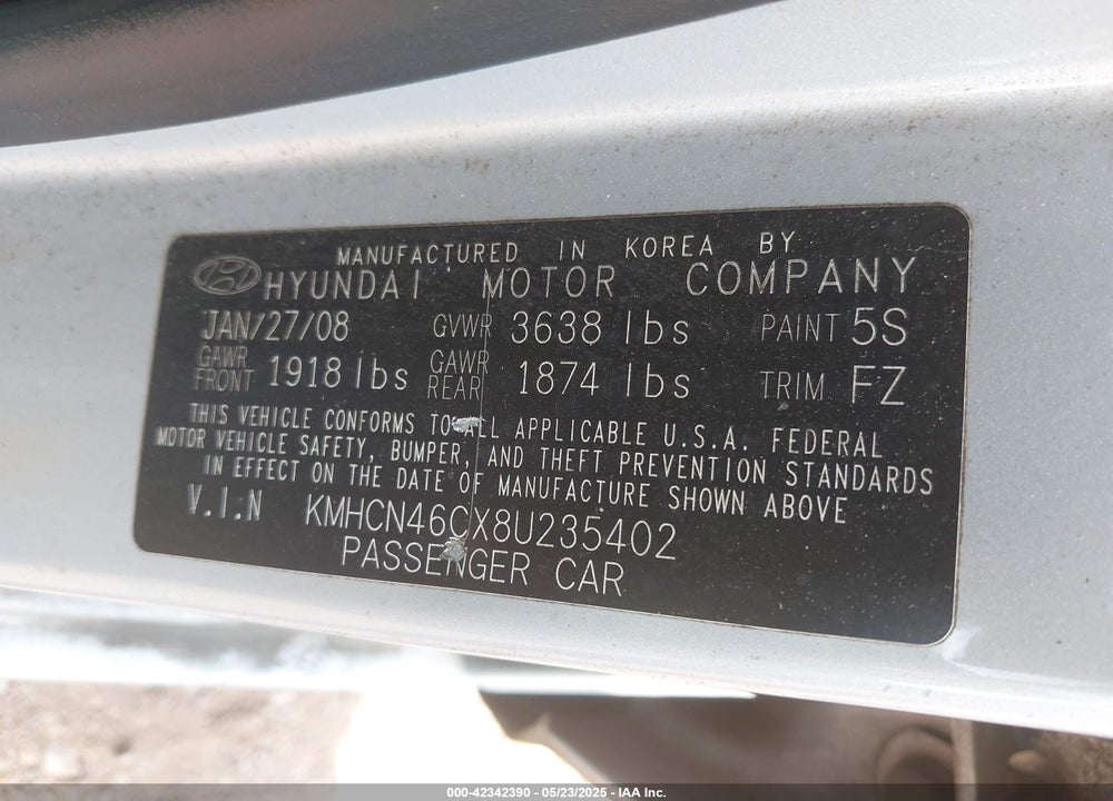 2008 HYUNDAI ACCENT GLS VIN: KMHCN46CX8U235402
