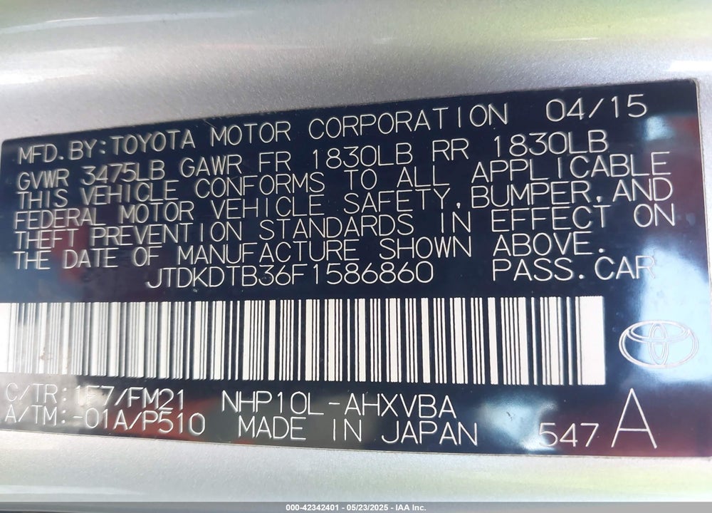 2015 TOYOTA PRIUS C VIN: JTDKDTB36F1586860