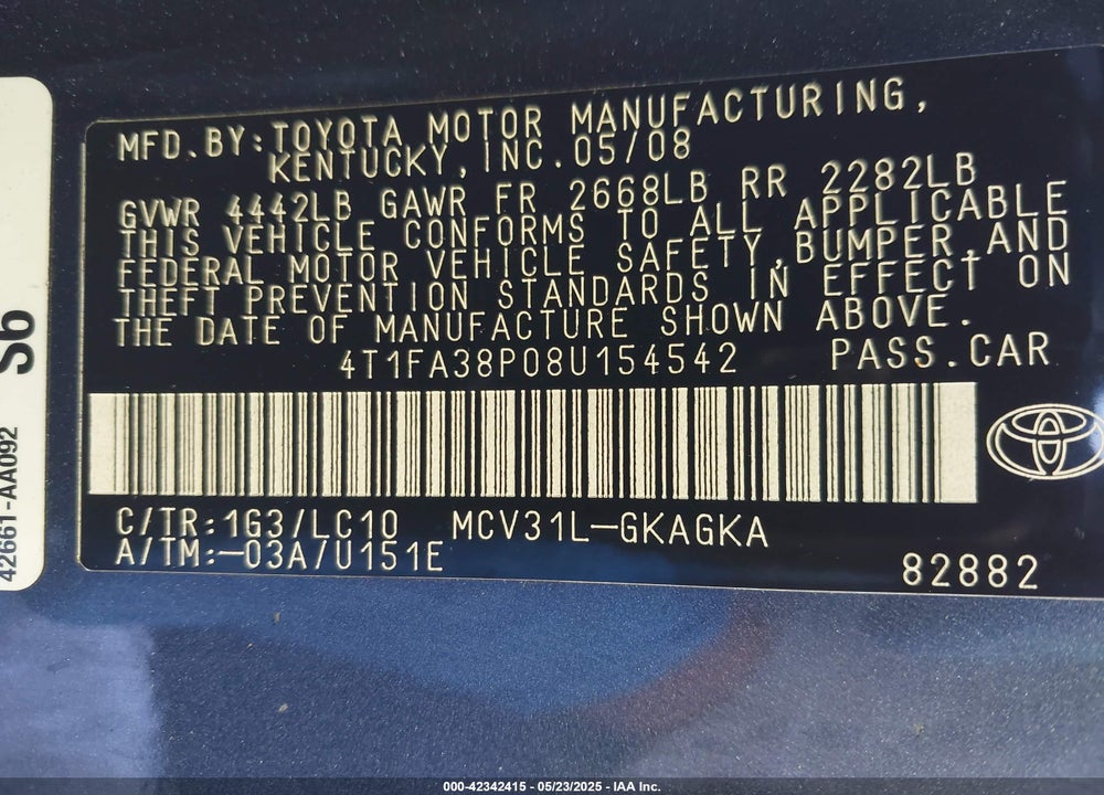 2008 TOYOTA CAMRY SOLARA SE/SLE/SPORT VIN: 4T1FA38P08U154542