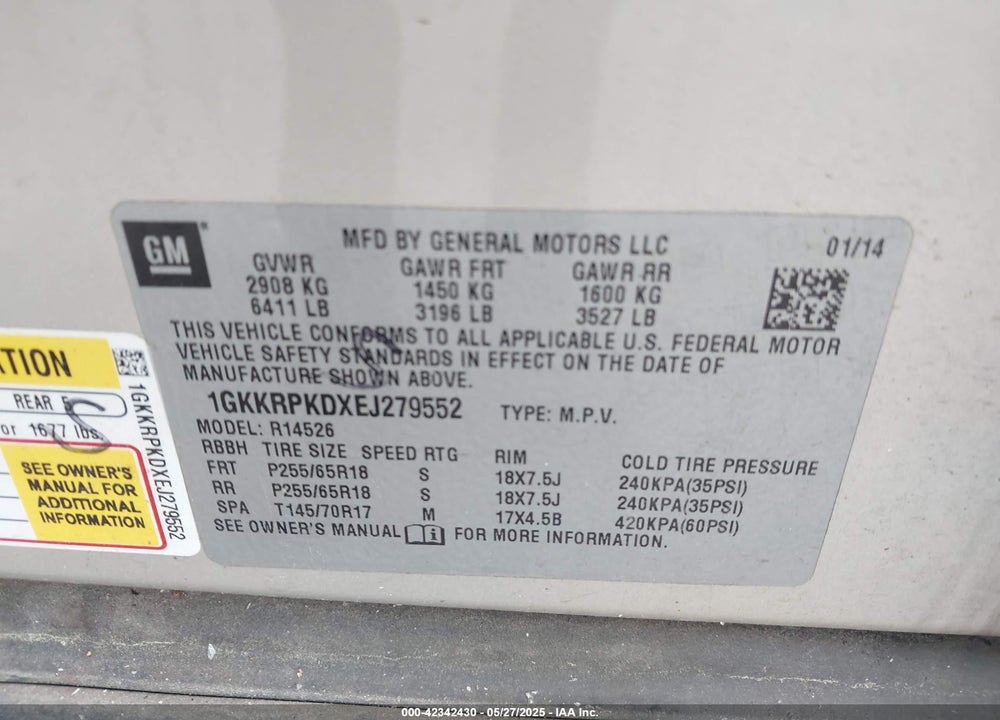 2014 GMC ACADIA SLE-2 VIN: 1GKKRPKDXEJ279552