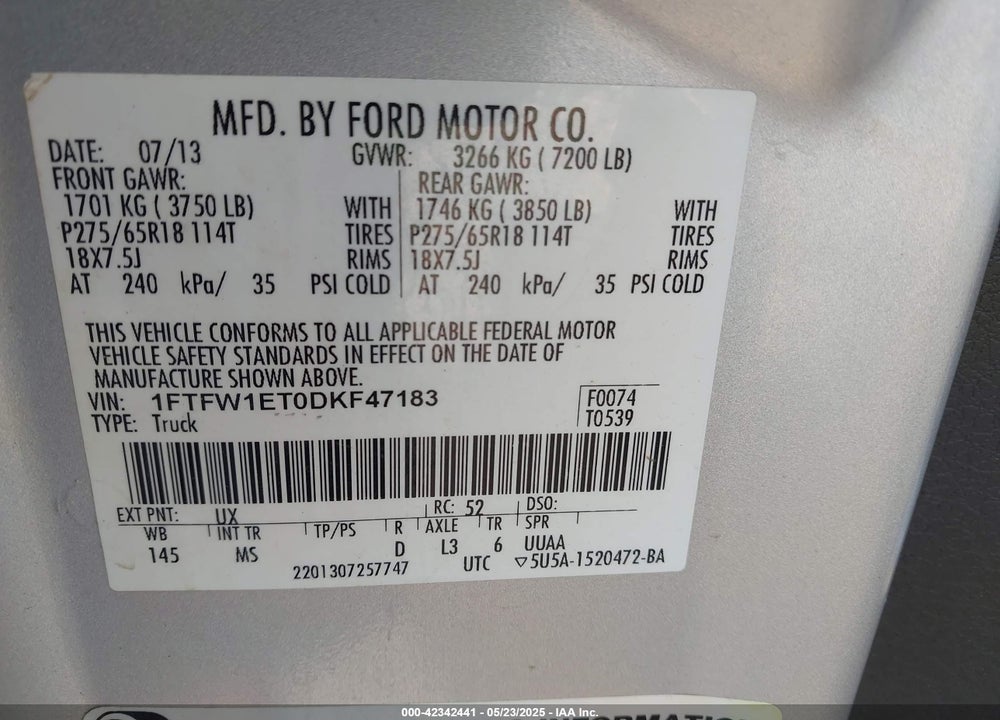 2013 FORD F-150 XLT VIN: 1FTFW1ET0DKF47183