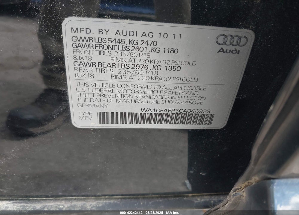 2012 AUDI Q5 VIN: WA1CFAFP3CA046923
