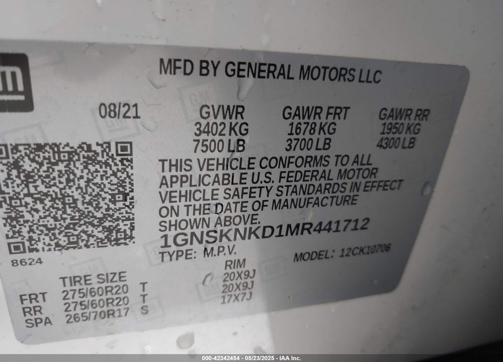 2021 CHEVROLET TAHOE VIN: 1GNSKNKD1MR441712