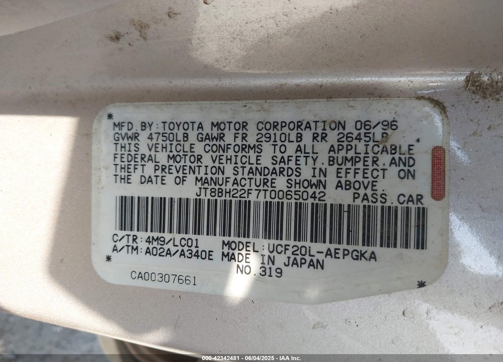 1996 LEXUS LS 400 VIN: JT8BH22F7T0065042