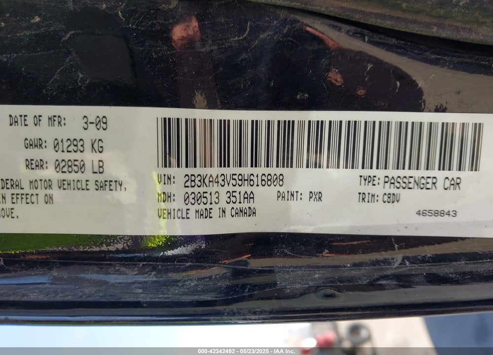 2009 DODGE CHARGER VIN: 2B3KA43V59H616808