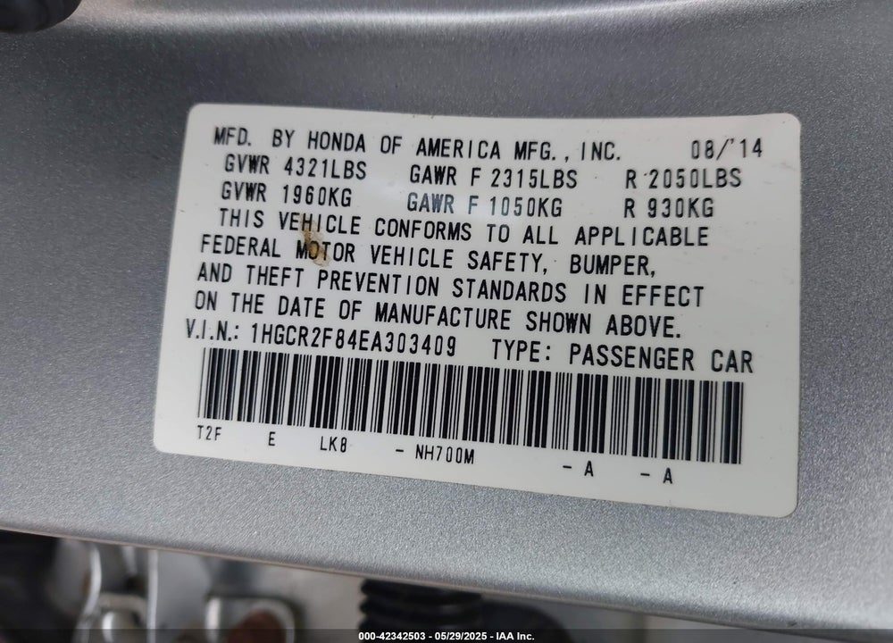 2014 HONDA ACCORD EX-L VIN: 1HGCR2F84EA303409