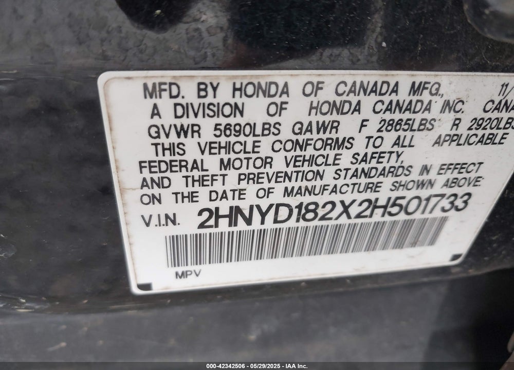 2002 ACURA MDX VIN: 2HNYD182X2H501733
