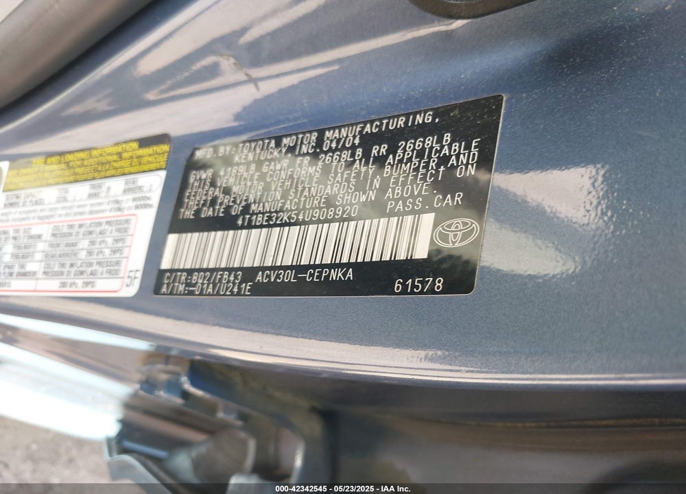 2004 TOYOTA CAMRY LE/SE/STD/XLE VIN: 4T1BE32K54U908920