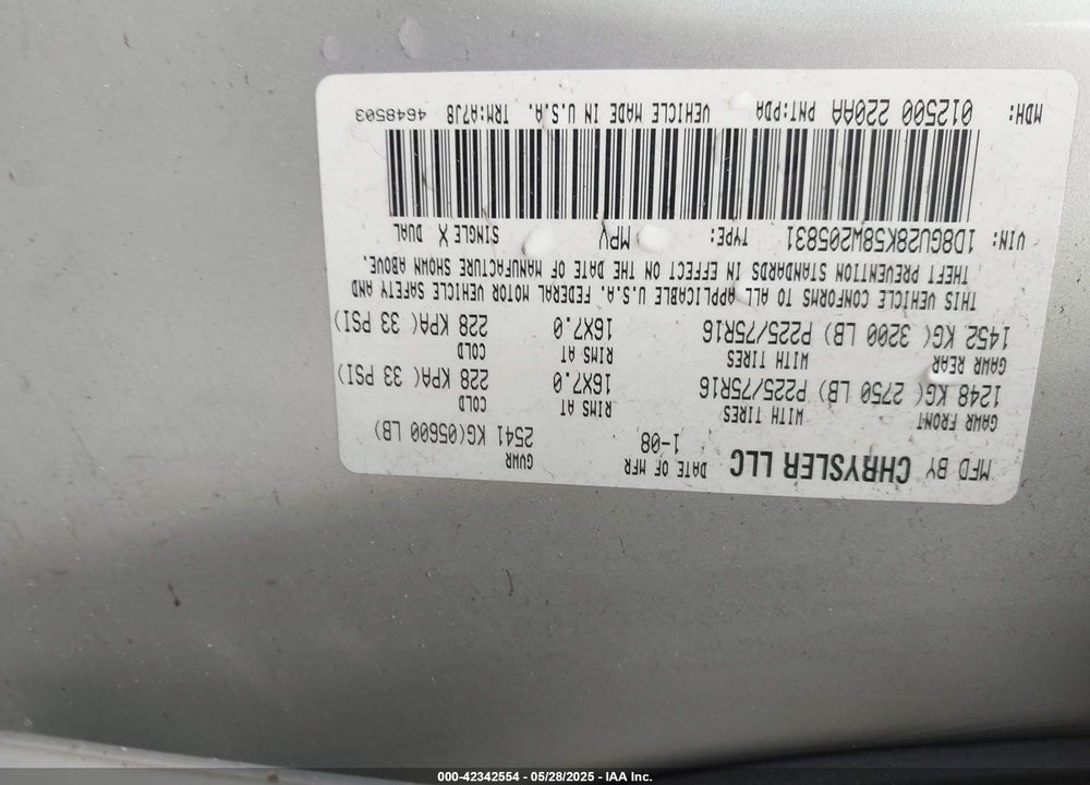 2008 DODGE NITRO VIN: 1D8GU28K58W205831
