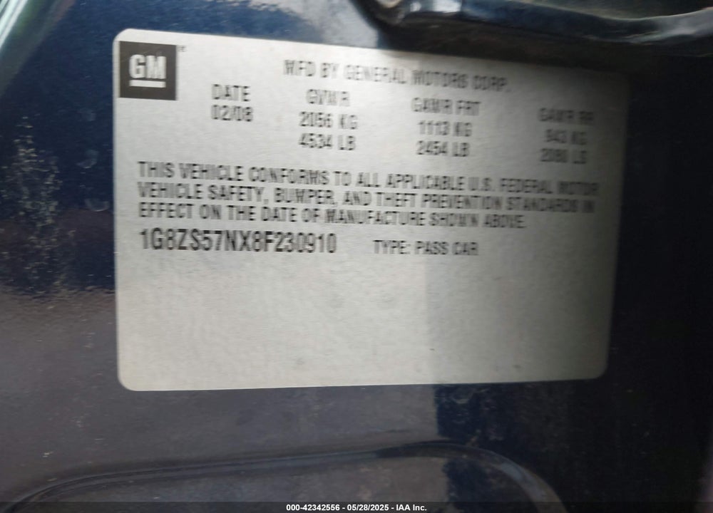 2008 SATURN AURA VIN: 1G8ZS57NX8F230910