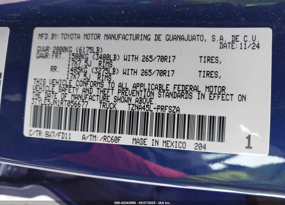 2024 TOYOTA TACOMA VIN: 3TYLE5JN1RT056677