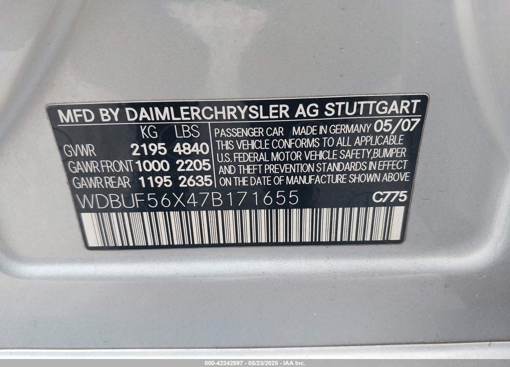 2007 MERCEDES-BENZ E 350 VIN: WDBUF56X47B171655