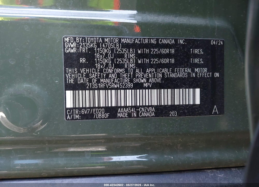 2024 TOYOTA RAV4 TRD OFF ROAD VIN: 2T3S1RFV5RW452399