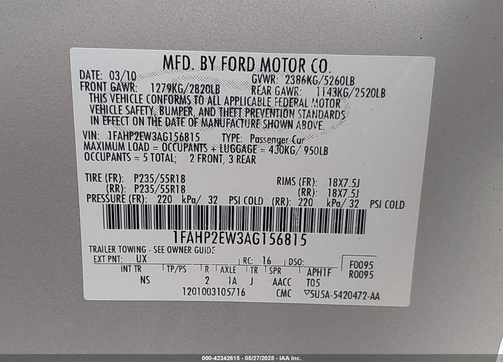 2010 FORD TAURUS SEL VIN: 1FAHP2EW3AG156815