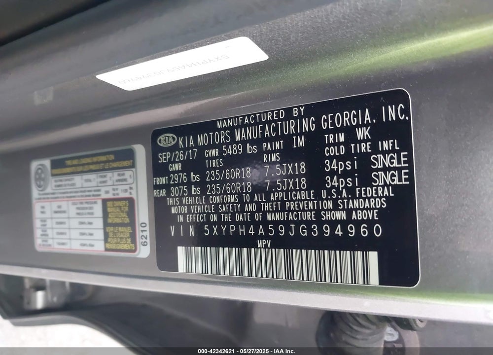 2018 KIA SORENTO 3.3L EX VIN: 5XYPH4A59JG394960