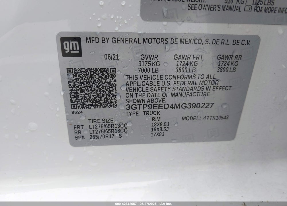2021 GMC SIERRA 1500 4WD SHORT BOX AT4 VIN: 3GTP9EED4MG390227