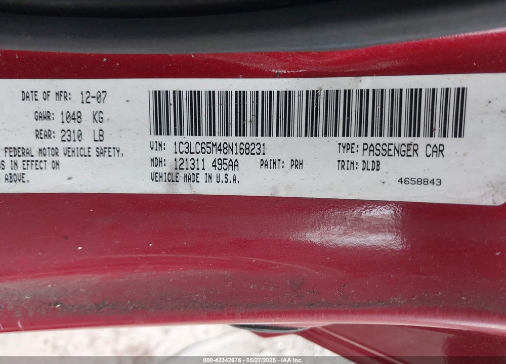 2008 CHRYSLER SEBRING VIN: 1C3LC65M48N168231