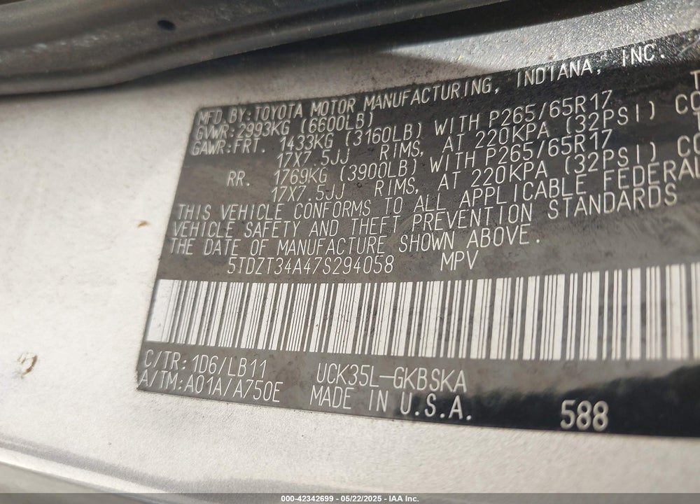 2007 TOYOTA SEQUOIA VIN: 5TDZT34A47S294058