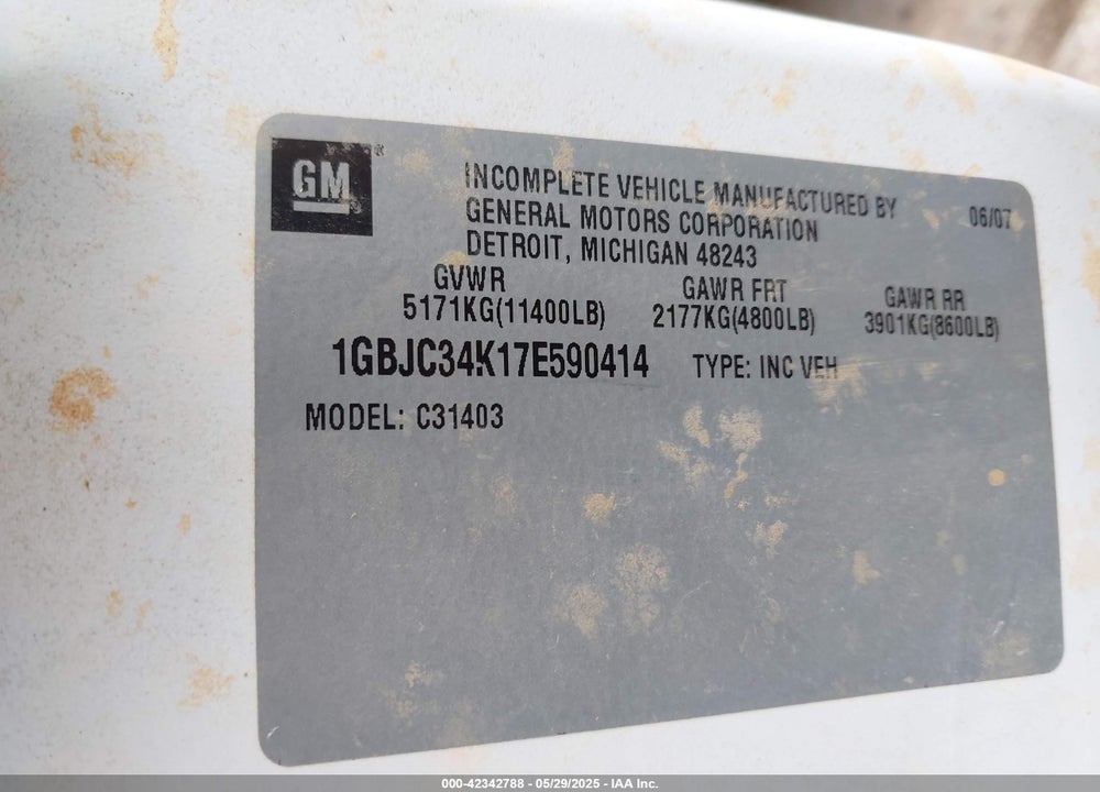 2007 CHEVROLET SILVERADO 3500 CHASSIS WORK TRUCK VIN: 1GBJC34K17E590414