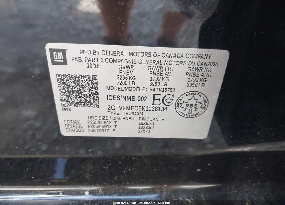 2019 GMC SIERRA 1500 LIMITED VIN: 2GTV2MEC5K1138134