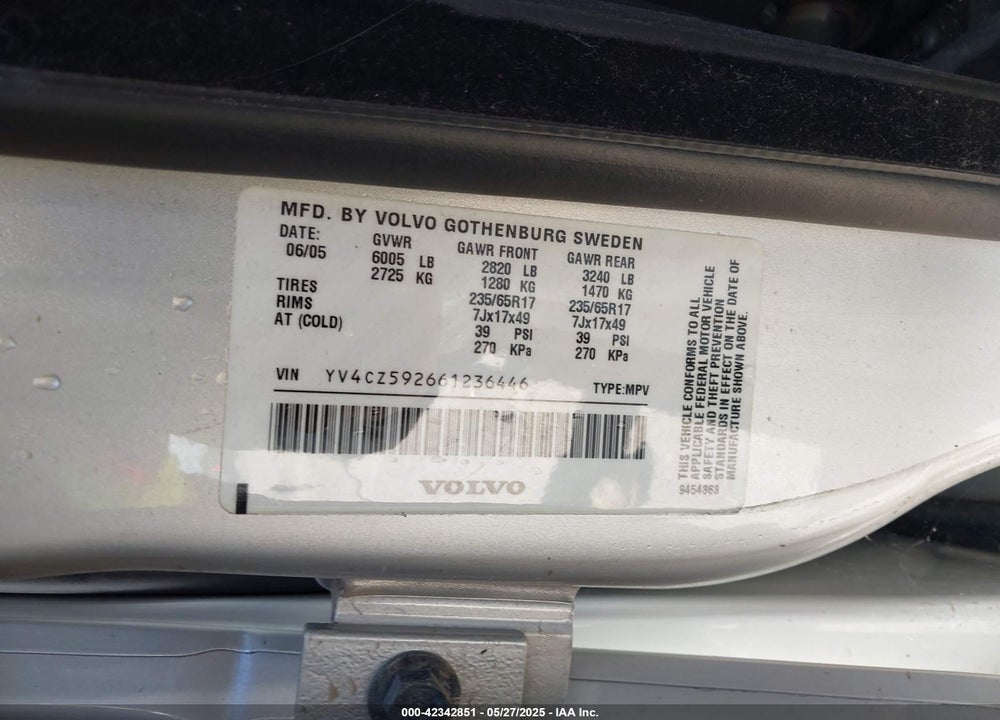 2006 VOLVO XC90 2.5T VIN: YV4CZ592661236446