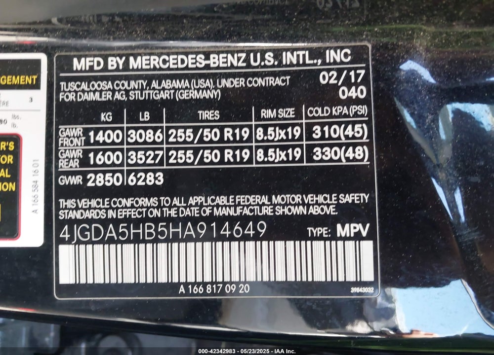 2017 MERCEDES-BENZ GLE 350 VIN: 4JGDA5HB5HA914649